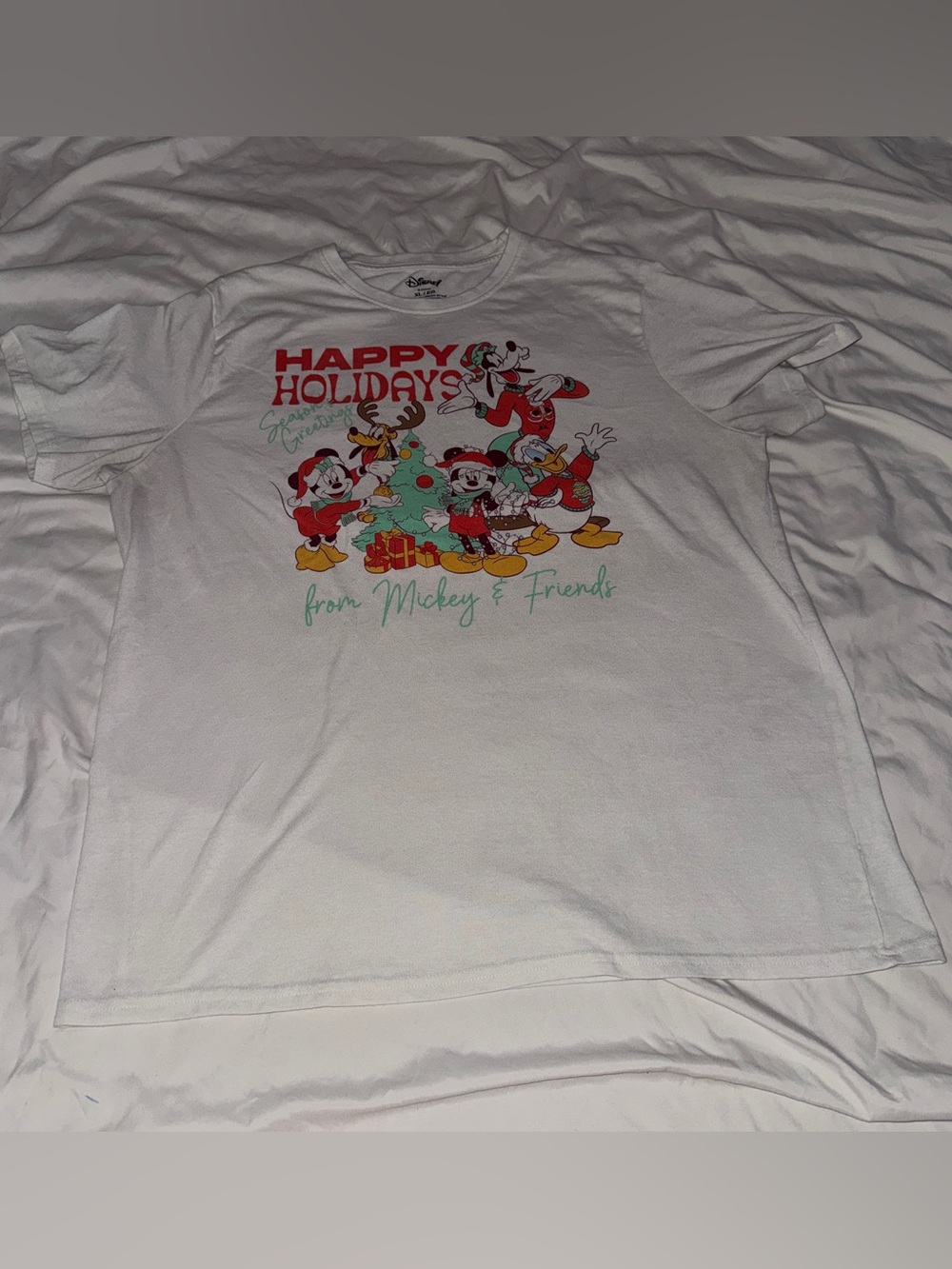 Disney White Holiday Mickey & Friends Tee with Red and Green Accents